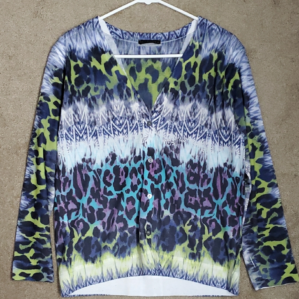 Nally & Millie Blue and Green Animal Cheetah Print Cardigan Sz S Punk Grunge - Picture 7 of 11